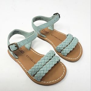 GAP Baby Girls Leather Sandals Size 5 Mint Green Tan Soles Side Buckles Spring